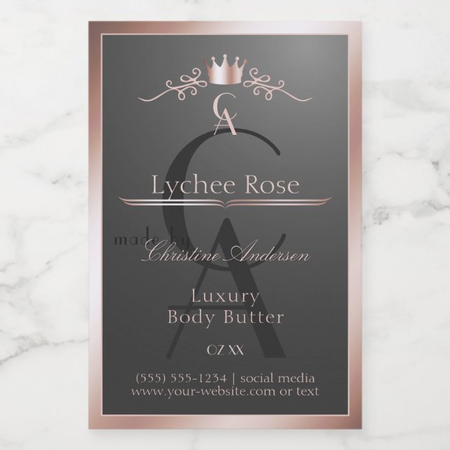 Anthracite Product Label Rose Gold Frame Monogram Lebensmitteletikett (Einzelnes Label)