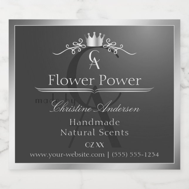 Anthracite Product Label Silver Frame and Monogram Alkoholflaschenetikett (Einzelnes Label)