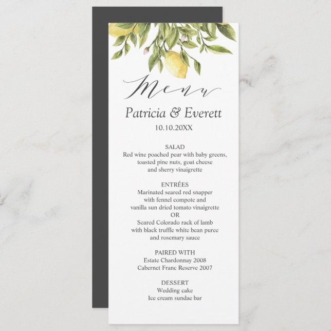 Anthrazit | Zitronen und Blätter Boho chic Wedding Einladung (Vorne/Hinten)