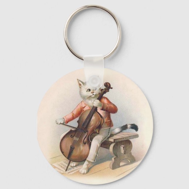 Anthropomorphe Katze Cello spielen Schlüsselanhänger (Vorderseite)