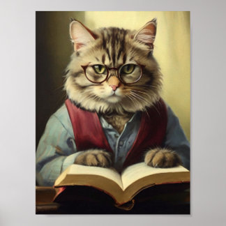 anthropomorphe Katze, die ein Buch liest Poster