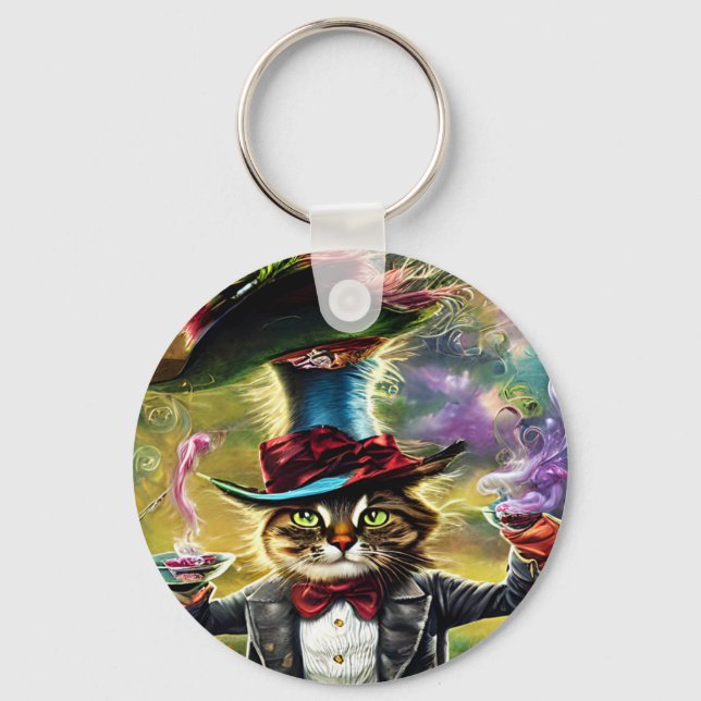Anthropomorphe Katze Mad Hatter Fantasy Fairytale Schlüsselanhänger (Vorderseite)