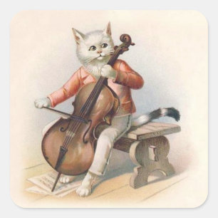 Anthropomorphe weiße Katze Cello spielen Quadratischer Aufkleber