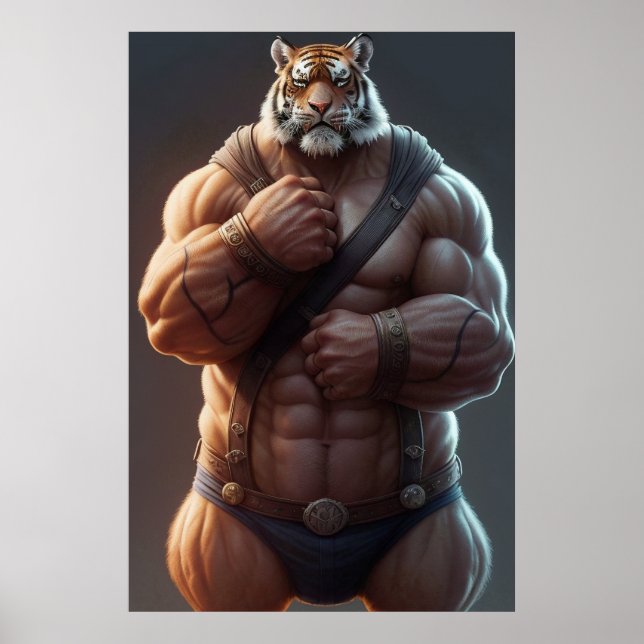 Anthropomorpher Tiger | Bodybuilder | Digitale Kun Poster (Vorne)