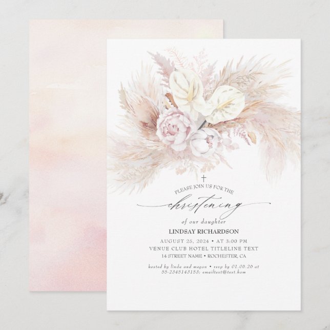 Anthurium und Pampas Grass Floral Christening Einladung (Vorne/Hinten)