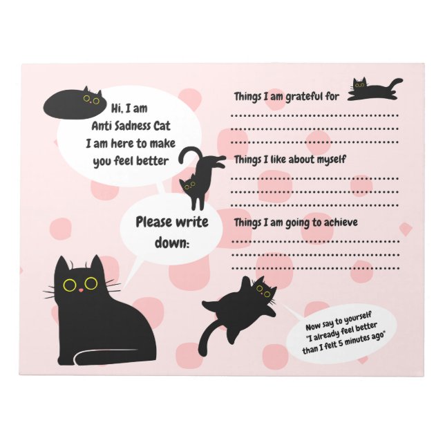 Anti Sadness Black Cat, Mental Health Arbeitsblatt Notizblock (Vorderseite)