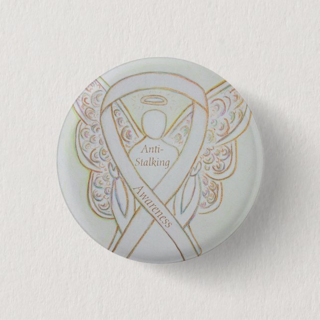 Anti-Stalking Awareness Angel White Ribbon Button (Vorderseite)