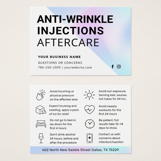Anti Wrinkle Injections Aftercare Instruction Card (Vorne & Hinten)