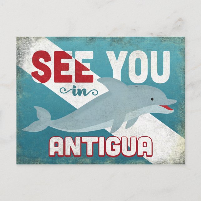 Antigua Dolphin - Retro Vintage Travel Postkarte (Vorderseite)