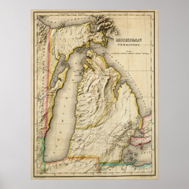 Antik 1822 Michigan Karte mit moderner Hilfsbereit Poster (Vorne)