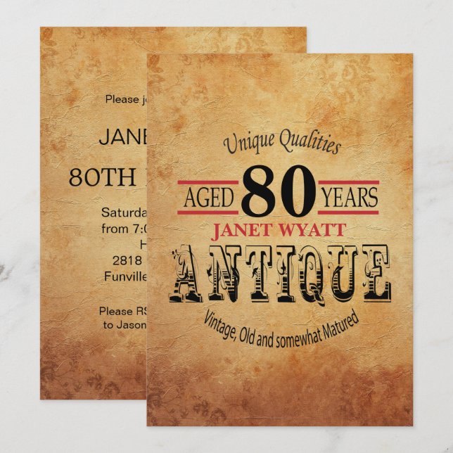 Antik 80. Geburtstag Einladung (Vorne/Hinten)