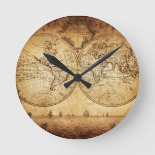 Antik, elegant, rustikaler Globus, Atlas Karte brä Runde Wanduhr