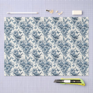 Antik inspirierte blaue und weiße Blumengraphik Seidenpapier