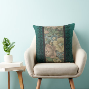 Antik inspirierte florale Jute und dunkles Teal Kissen