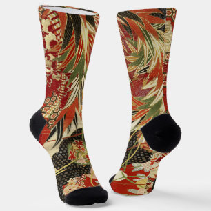 ANTIK-JAPANISCHE BLUMEN Rot Grün Schwarz Floral Socken