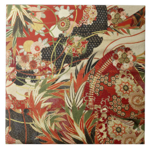ANTIK JAPANISCHE BLUMEN Rot Grün Schwarz Floral T Fliese