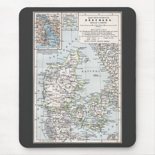 Antik Karte Dänemarks, Danmark in Dänisch, 1905 Mousepad (Vorne)