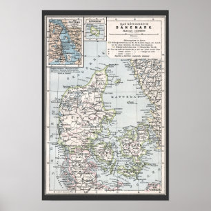 Antik Karte Dänemarks, Danmark in Dänisch, 1905 Poster