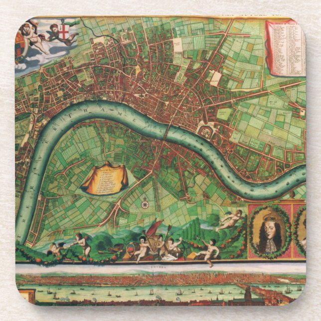 Antik London Street Map von Johannes de Ram, 1689 Getränkeuntersetzer (Vorderseite)