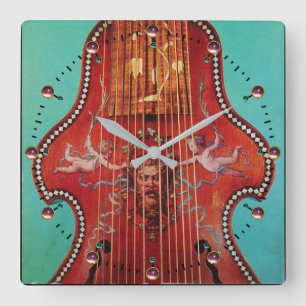 ANTIK MUSIKINSTRUMENTE ,LYRA DA GAMBA Musik Quadratische Wanduhr