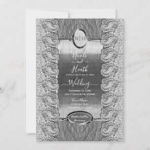 Antik Weiß Spitze Grau Holz Silber Hochzeit Einladung