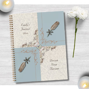 Antikblaue Blumen- und Feder-Reflexionsjournal Notizbuch