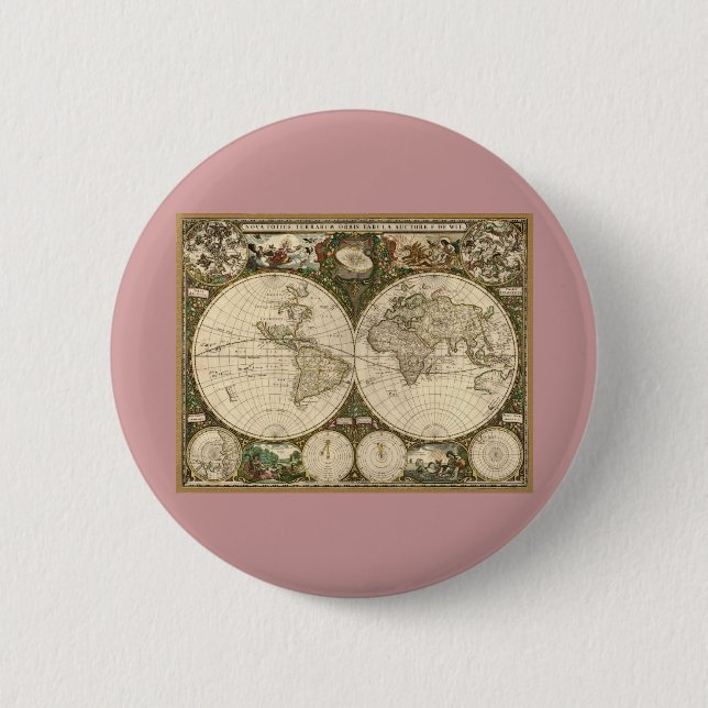 Antike 1660 Weltkarte von Frederick de Wit Button (Vorderseite)