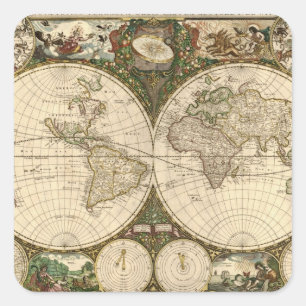 Antike 1660 Weltkarte von Frederick de Wit Quadratischer Aufkleber