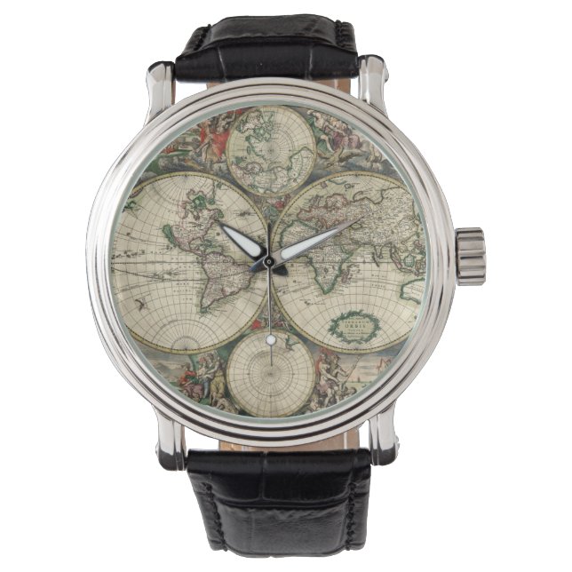 Antike 1689 Weltkarte von Gerard van Schagen Print Armbanduhr (Vorderseite)