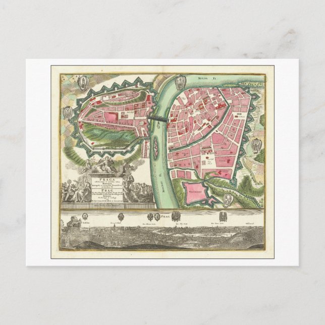 Antike 1730 Karte von Prag, Tschechische Republik, (Vorderseite)