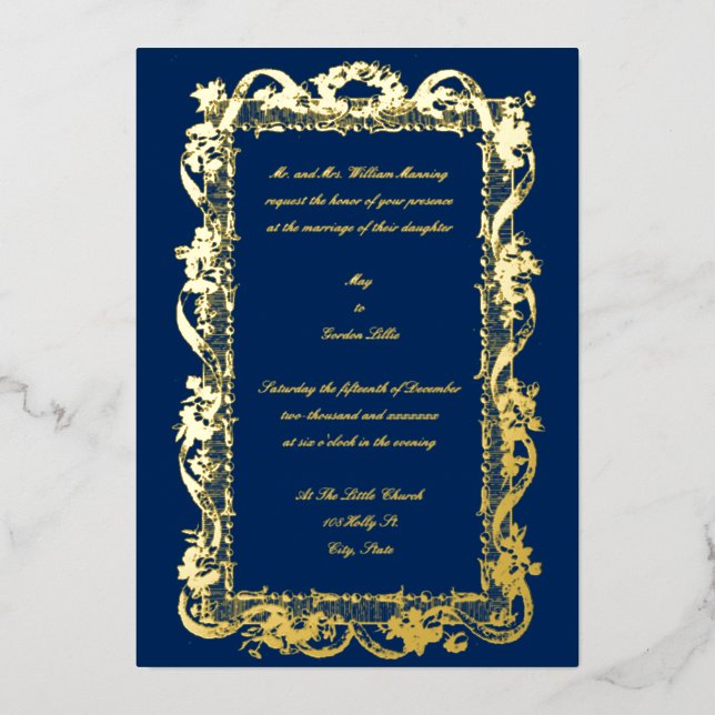 Antike 1778 Barock Rokoko Blumengarten Hochzeit Folieneinladung (Vorderseite)