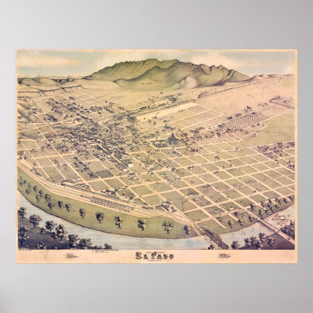 Antike 1885 Karte von El Paso, Texas, USA Poster (Vorne)