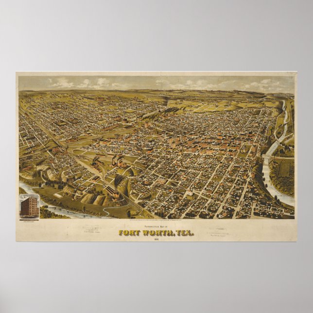 Antike 1891 Karte von Fort Worth, Texas, USA Poster (Vorne)