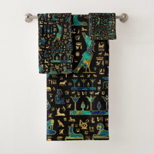 Antike ägyptische Hieroglyphen Marmor und Gold Badhandtuch Set