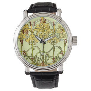 Antike Alphonse Mucha Art Nouveau Lilien Muster Armbanduhr