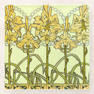 Antike Alphonse Mucha Art Nouveau Lilien Muster Glasuntersetzer