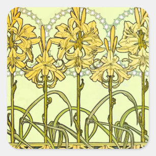 Antike Alphonse Mucha Art Nouveau Lilien Muster Quadratischer Aufkleber