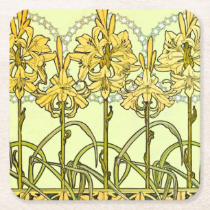Antike Alphonse Mucha Art Nouveau Lilien Muster Rechteckiger Pappuntersetzer
