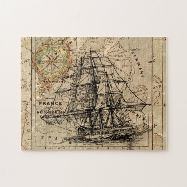 Antike Alte Frankreich Karte & Schiff (Horizontal)