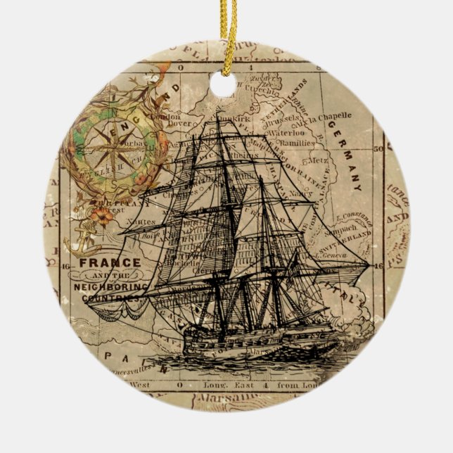 Antike Alte Frankreich Karte & Schiff Keramik Ornament (Vorne)