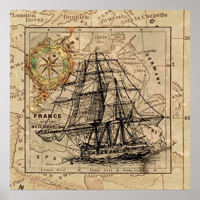 Antike Alte Frankreich Karte & Schiff Poster (Vorne)
