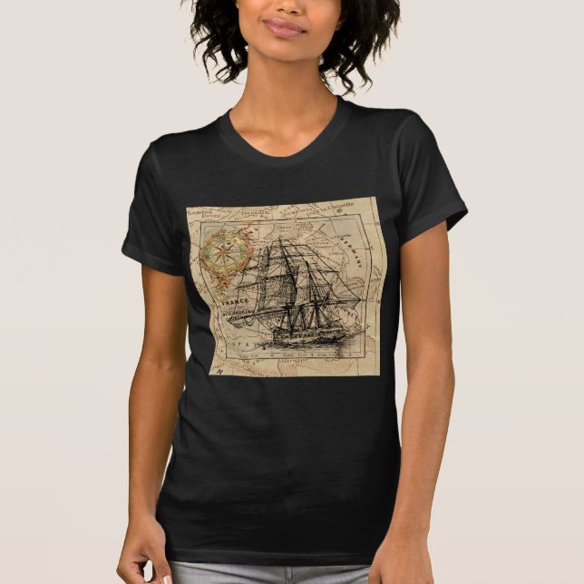 Antike Alte Frankreich Karte & Schiff T-Shirt (Vorderseite)