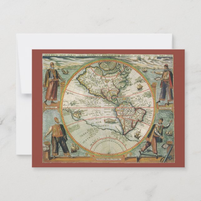 Antike alte Weltkarte Amerikas, Theodor de Bry Einladung (Vorderseite)