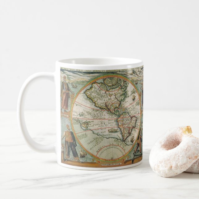Antike alte Weltkarte Amerikas, Theodor de Bry Kaffeetasse (Mit Donut)