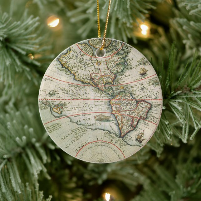 Antike alte Weltkarte Amerikas, Theodor de Bry Keramik Ornament (Baum)