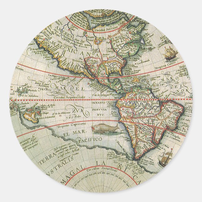 Antike alte Weltkarte Amerikas, Theodor de Bry Runder Aufkleber (Vorderseite)