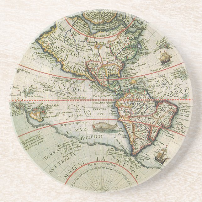 Antike alte Weltkarte Amerikas, Theodor de Bry Untersetzer (Vorne)