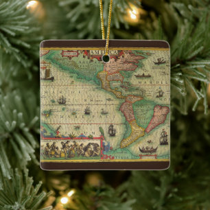 Antike alte Weltkarte der Amerikas, 1606 Keramikornament