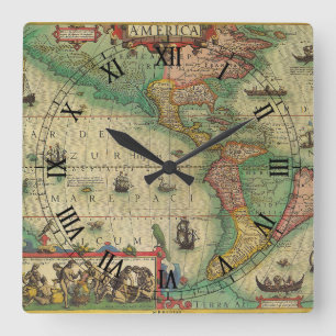 Antike alte Weltkarte der Amerikas von Hondius Quadratische Wanduhr