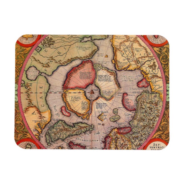 Antike Alte Weltkarte, Nordpol der Arktis, 1595 Magnet (Horizontal)
